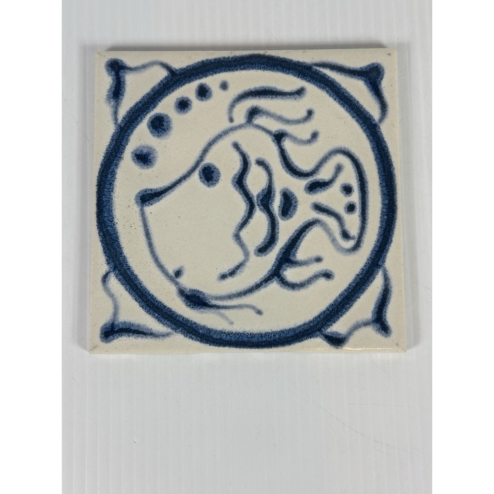 Vintage Mid Century Mod Ceramic Blue Fish Trivet Tile 6"x6" Made In‎ USA